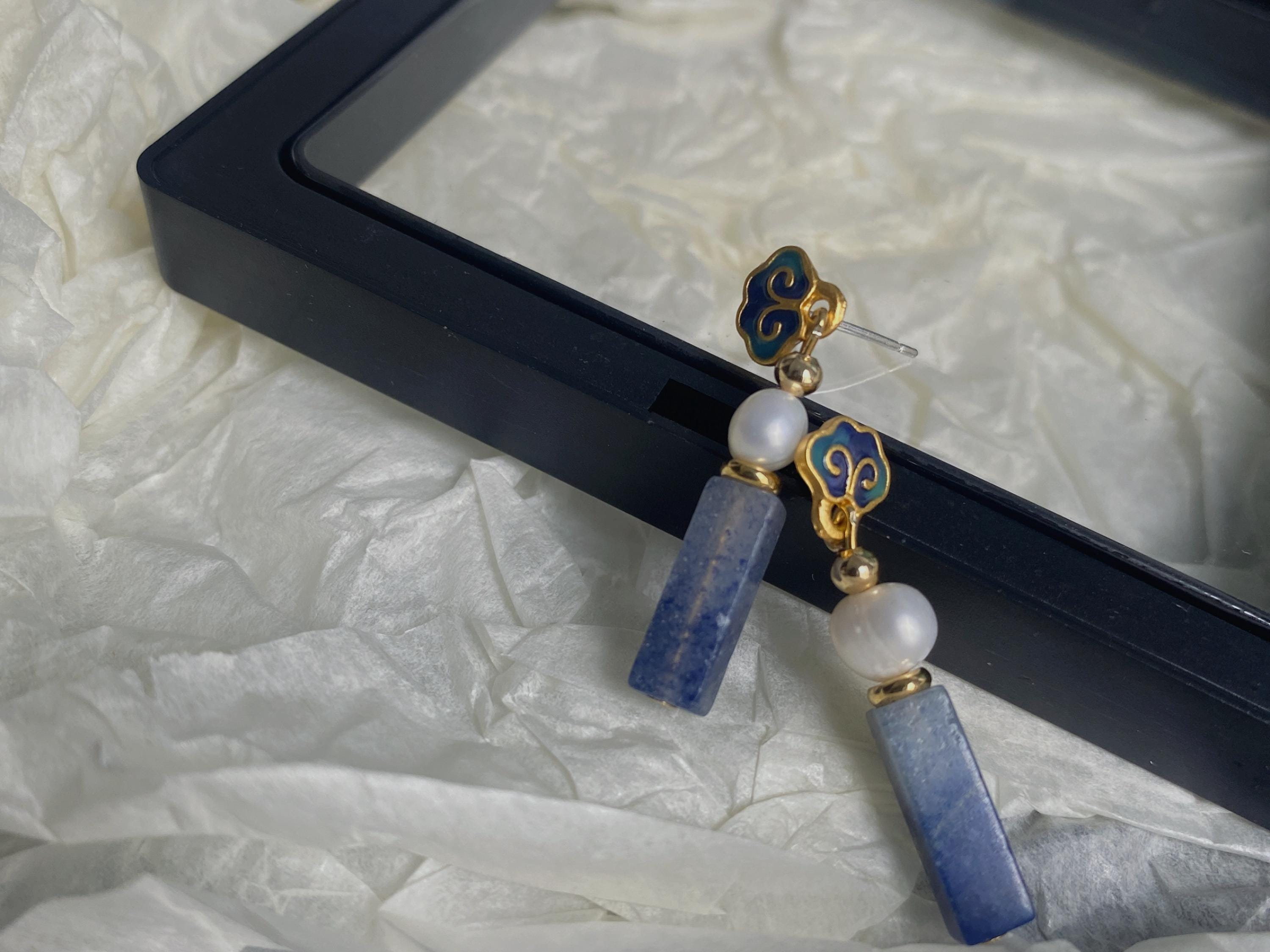 Cloisonné Enamel Earrings – Handmade Pearl & Blue Jasper Earrings