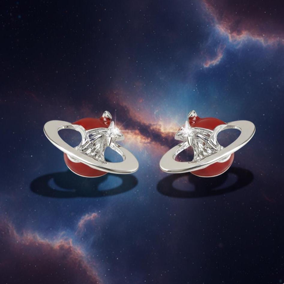 Red Enamel Apple Core Planet Earrings – Surreal Orbit Stud Earrings with CZ
