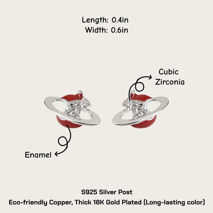 Red Enamel Apple Core Planet Earrings – Surreal Orbit Stud Earrings with CZ