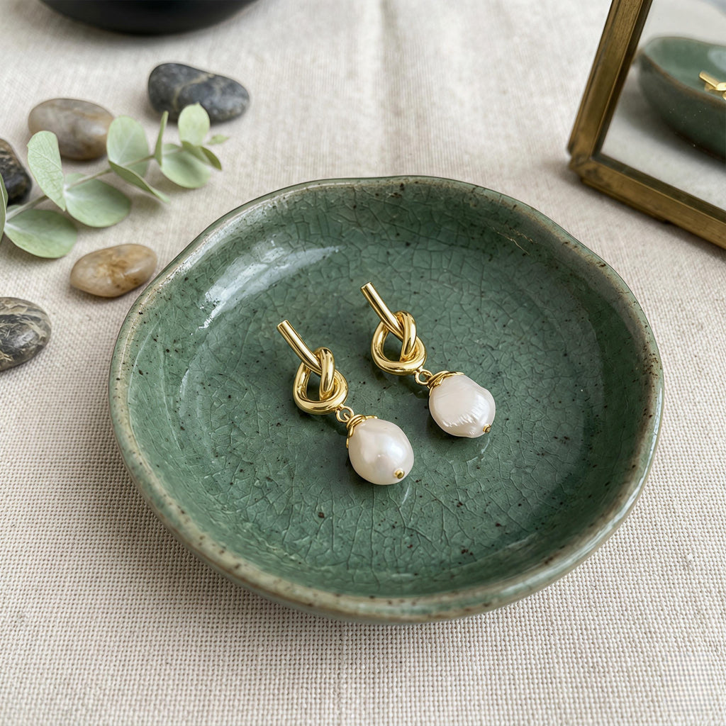 Minimalist Pearl Drop Earrings – Gold Knot Studs with Freshwater Pearl