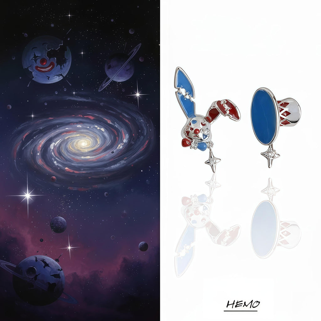 Mad Hatter Wonderland Earrings | Asymmetrical Red & Blue Enamel Studs | Rabbit and Hat Design