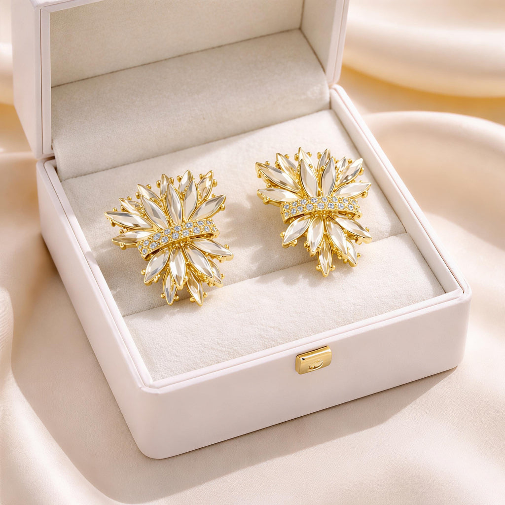 French Vintage Crystal Flower Earrings – Champagne & Clear Ice Bloom Statement Studs