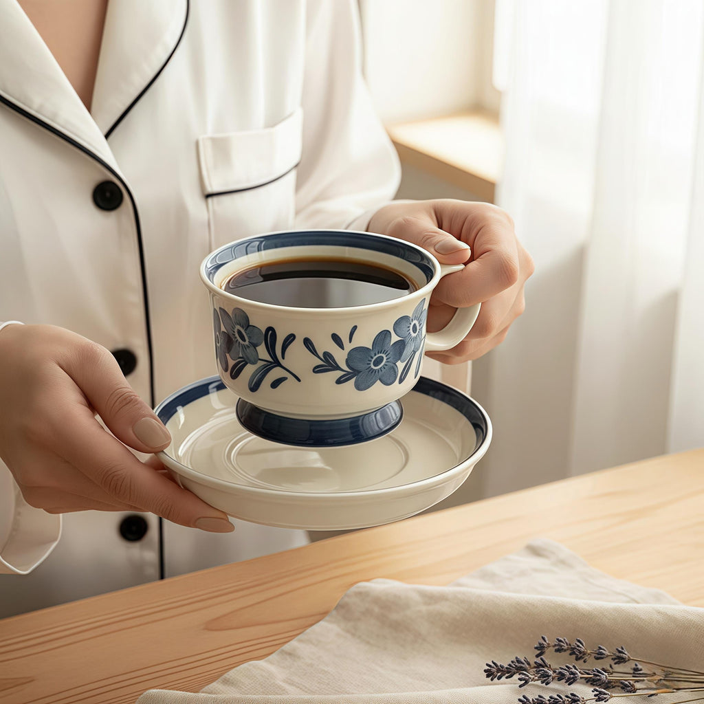 Blue Floral Ceramic Mug with Matching Coaster | Hand-Painted Folk Flower Cup Set