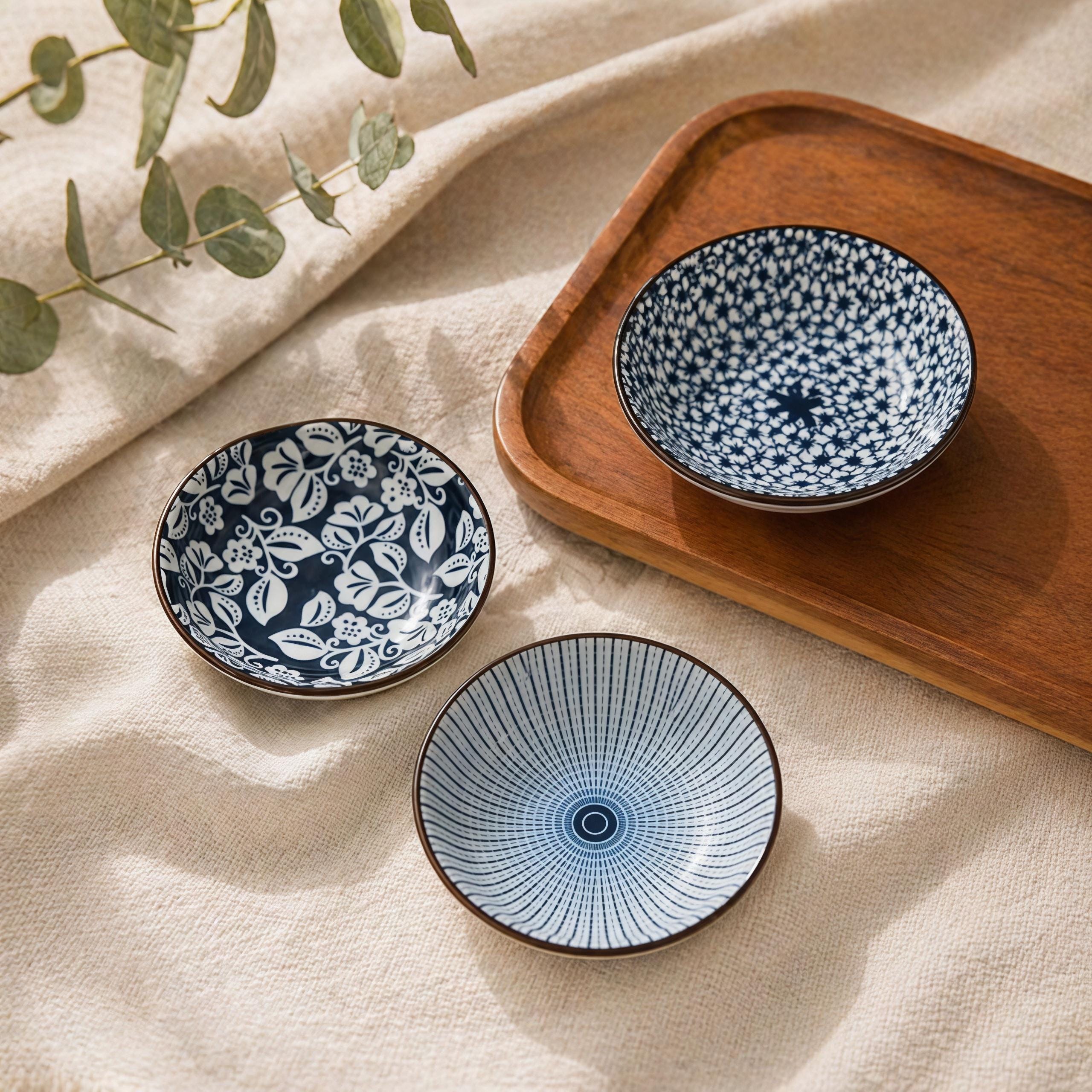 Blue & White Japanese Sauce Dishes Set of 6 | 4.1" Ceramic Dipping Bowl | Floral Pattern Dish