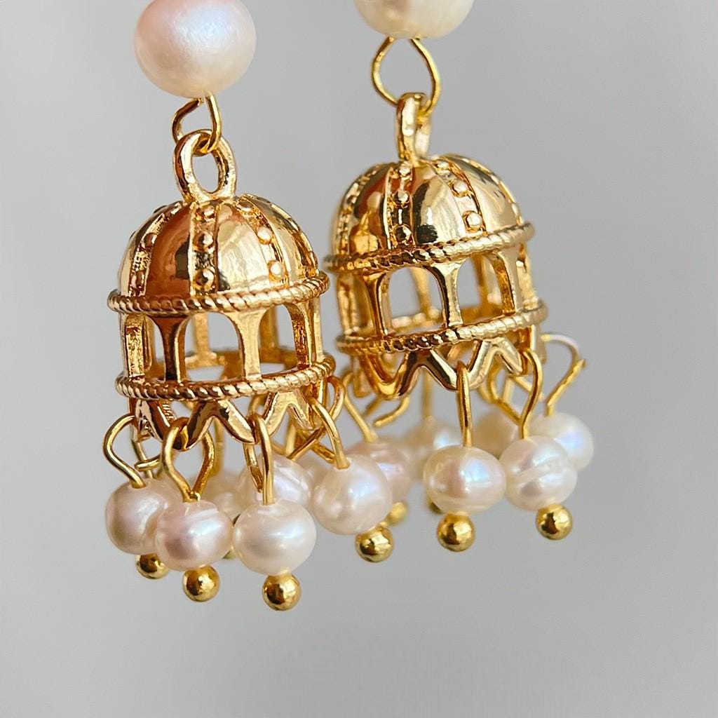 Gold Plated Cage Jhumka Earrings – Mughal Inspired Pearl Tassel Earrings
