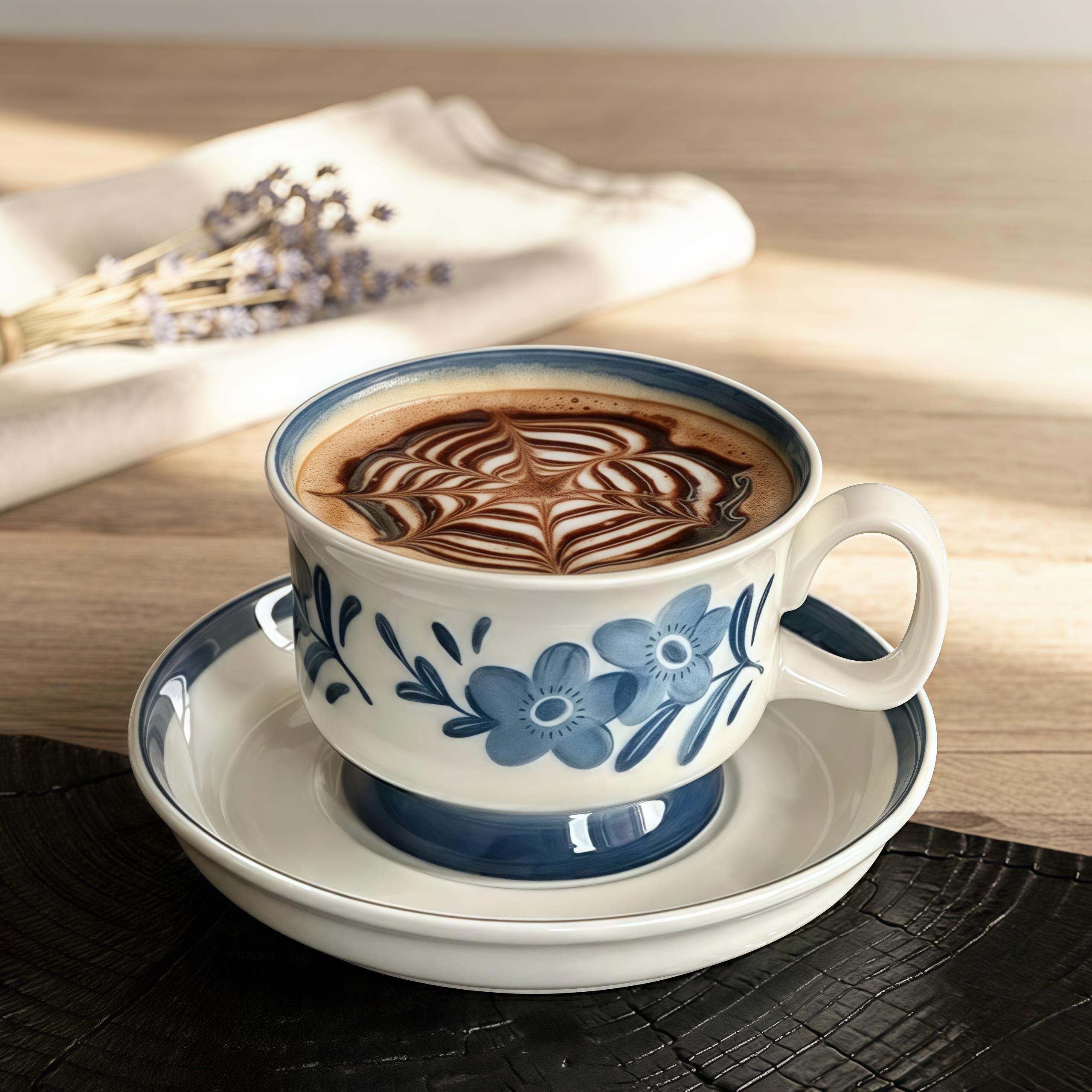 Blue Floral Ceramic Mug with Matching Coaster | Hand-Painted Folk Flower Cup Set