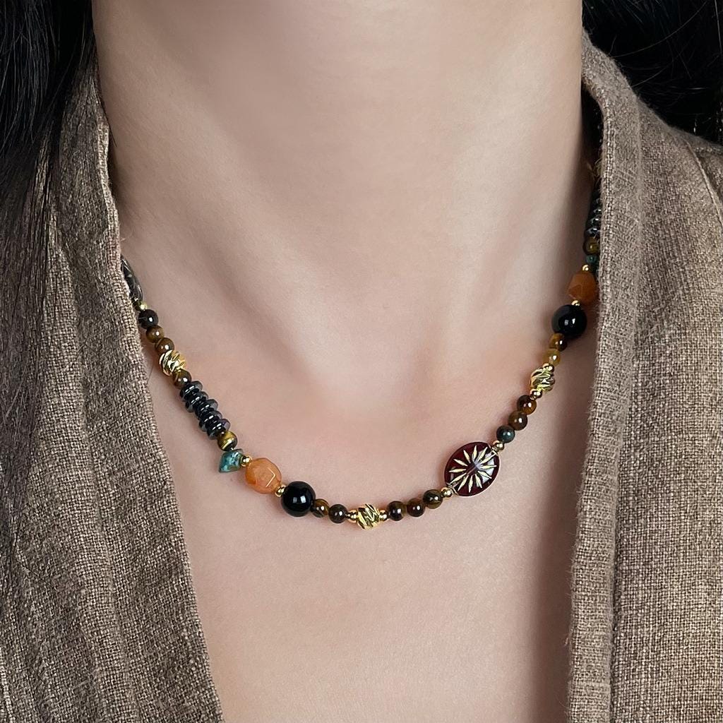 Tiger’s Eye & Black Agate Beaded Necklace – Handmade Gemstone Necklace