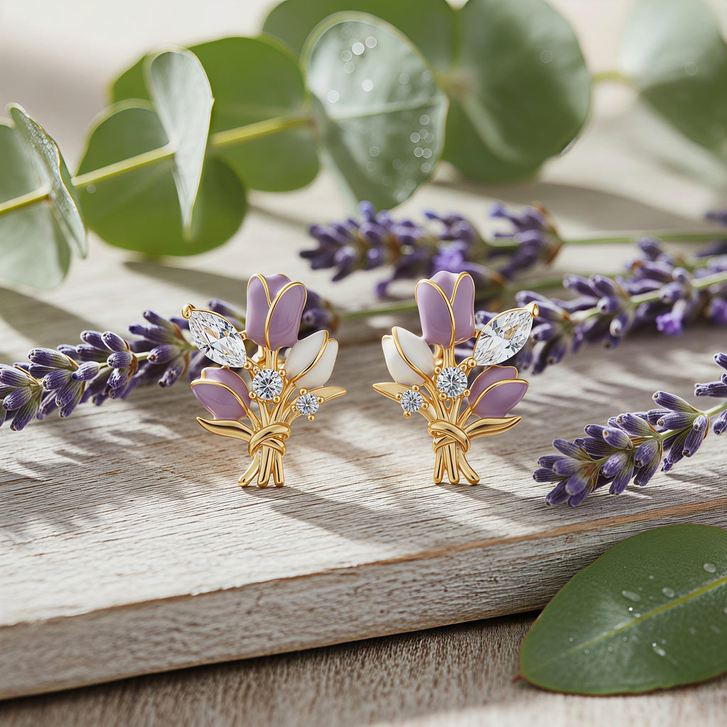 Purple Tulip Bouquet Stud Earrings – Enamel Flower & Zirconia, 18K Gold Plated Floral Jewelry