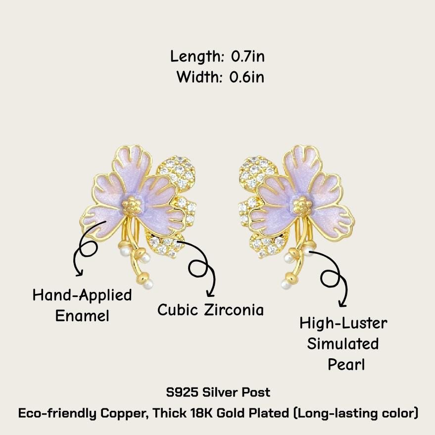 Hand-Enameled Lilac Earrings – Floral Pearl Drop Earrings