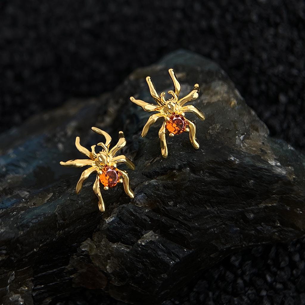 Moonlit Forest Gold Spider Stud Earrings – Mystical Spider Earrings
