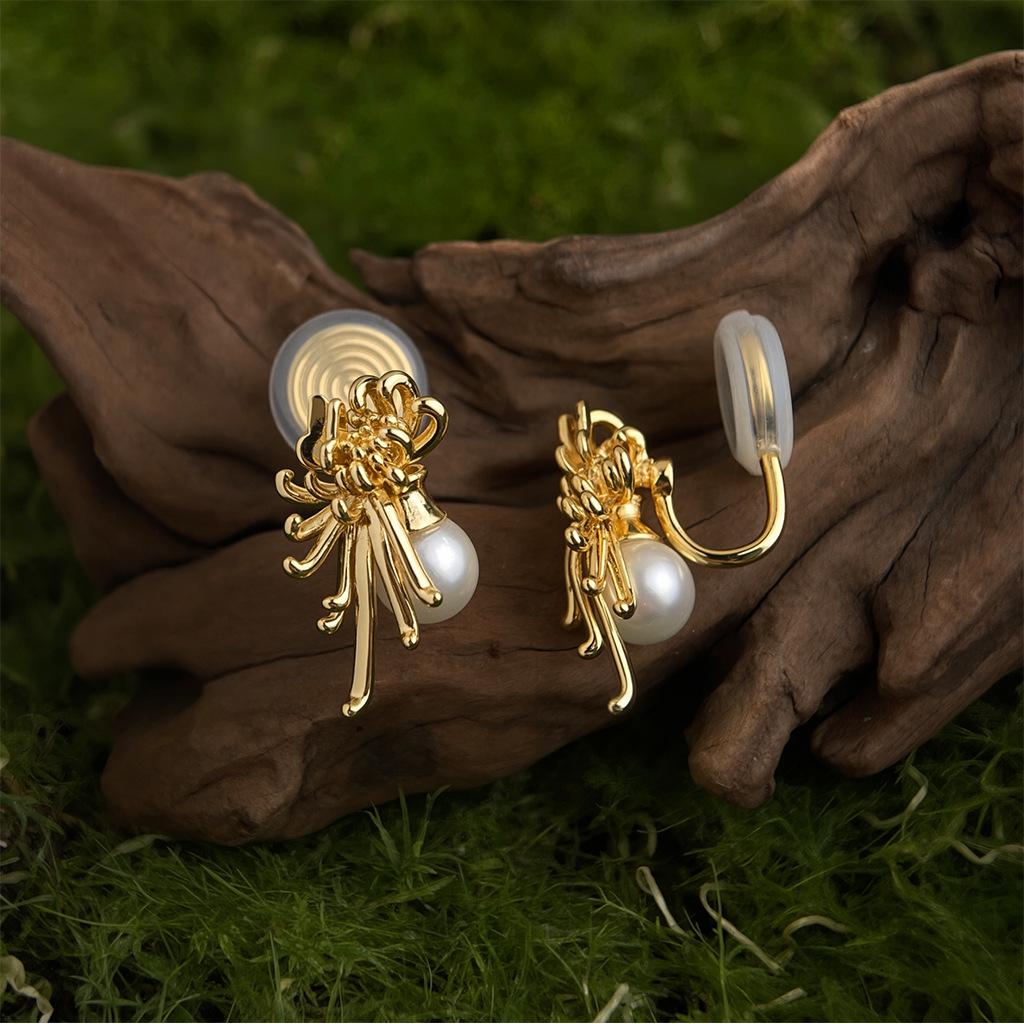 Gold Pearl Chrysanthemum Earrings – Art Nouveau Filigree Pearl Earrings