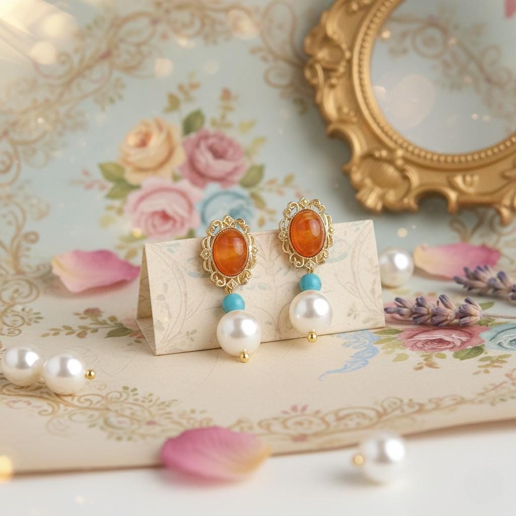 Rococo Romance Earrings – Amber, Turquoise & Pearl Filigree Earrings