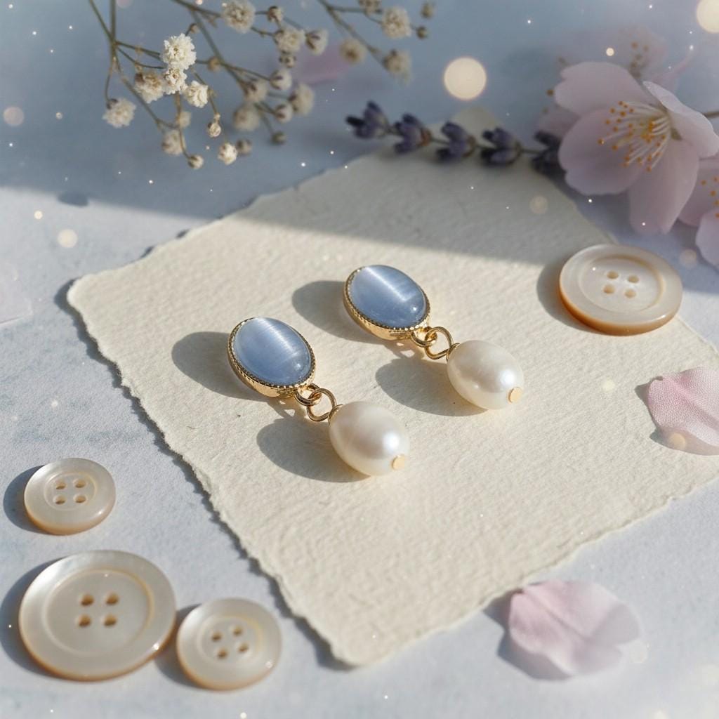 Moonlight Serenade Earrings – Gold Plated Blue Cat’s Eye Glass & Freshwater Pearl Earrings
