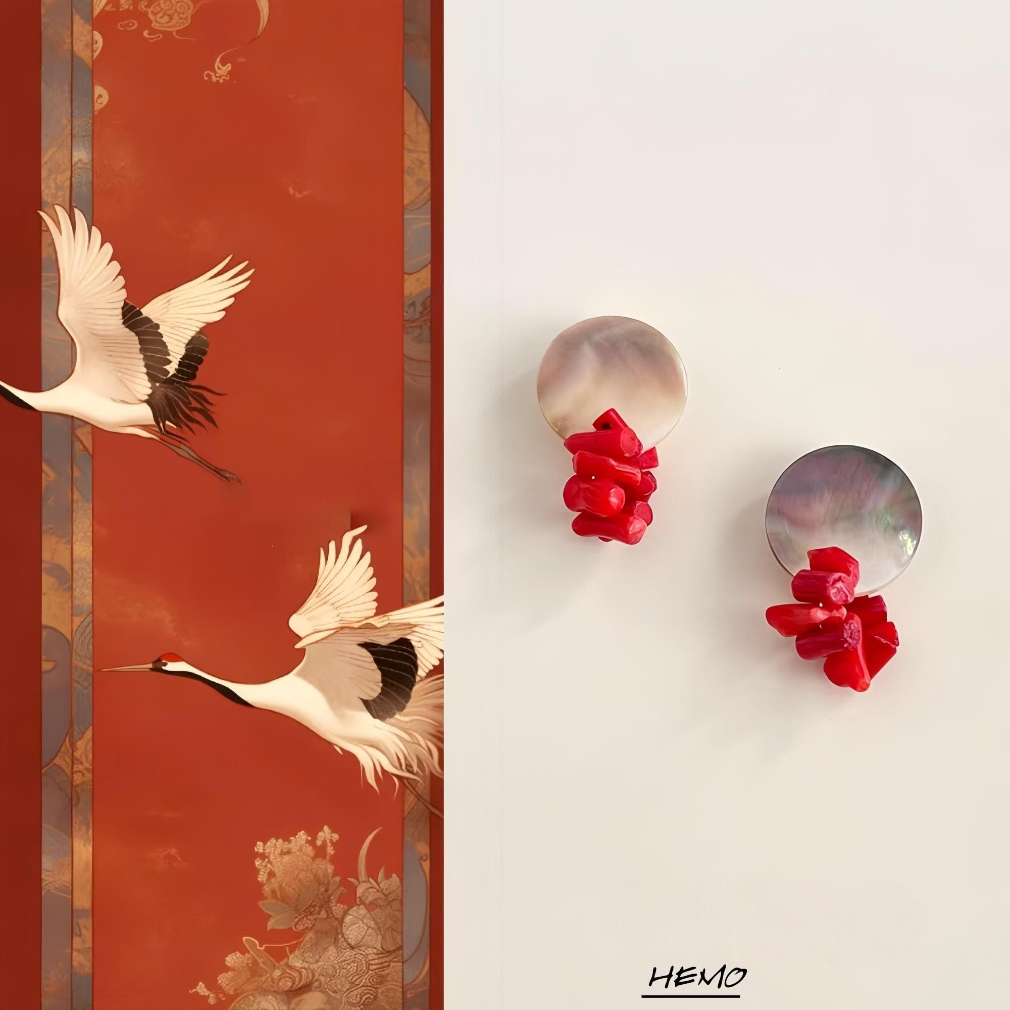 Red Coral Crane Earrings – Guardian Collection | Sterling Silver & Mother-of-Pearl Jewelry