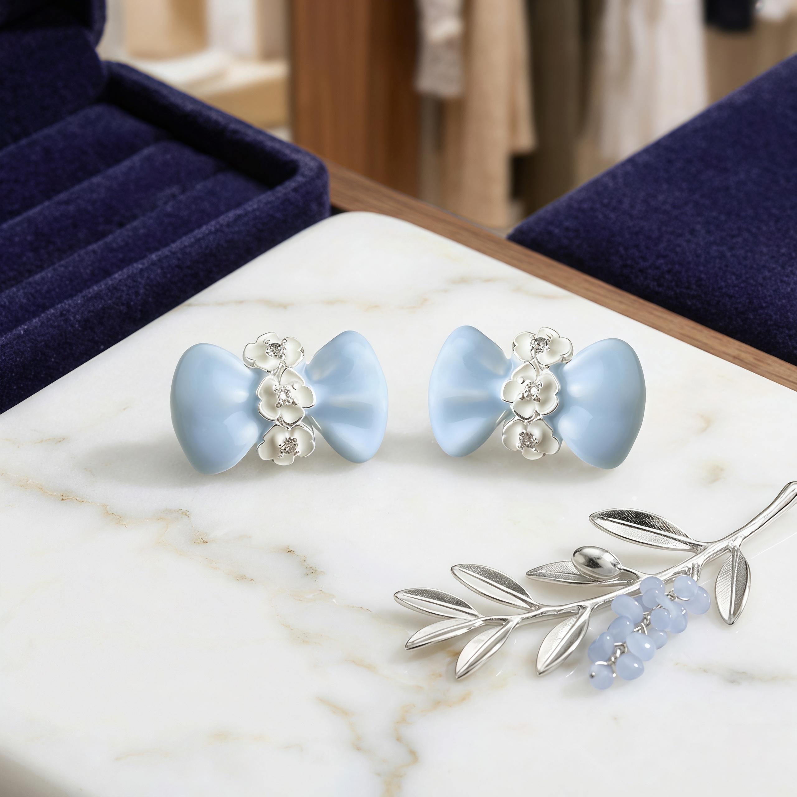 Blue Bow Flower Earrings – Enamel Zircon Studs & Clip On – 18K Gold Plated Ribbon Jewelry