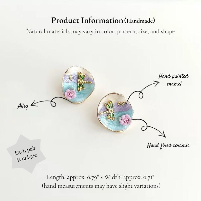 Monet Dragonfly Enamel Earrings – Impressionist Dragonfly & Ceramic Rose Earrings