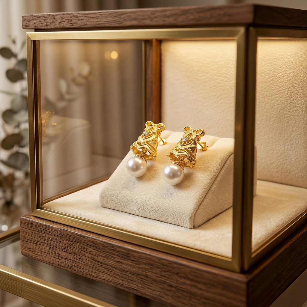 Vintage Gold Pearl Drop Earrings – CZ Ribbon Bell Earrings