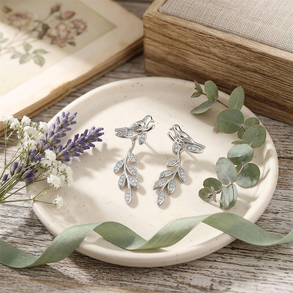 Silver Bird Branch Dangle Earrings – CZ Leaf Drop Earrings