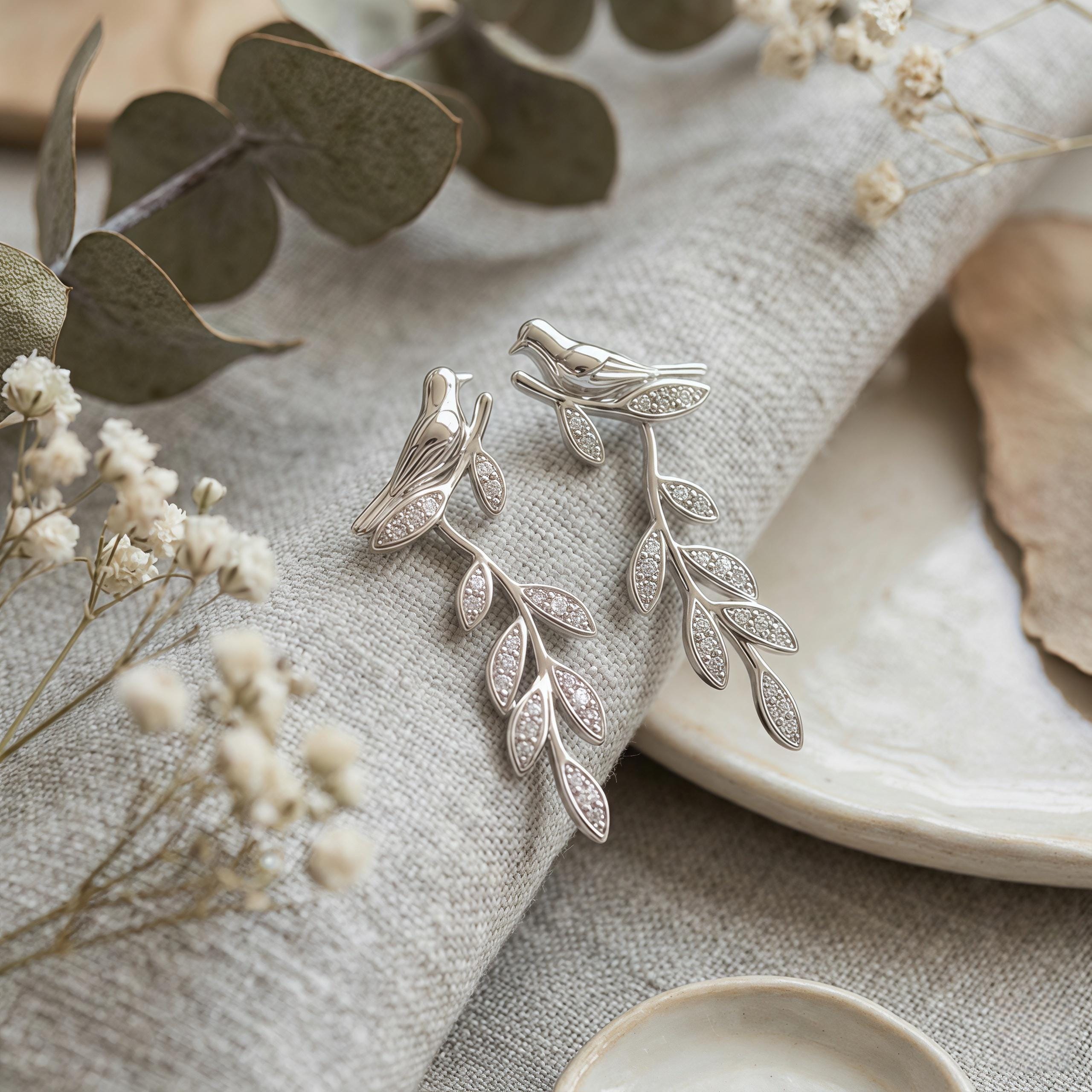 Silver Bird Branch Dangle Earrings – CZ Leaf Drop Earrings