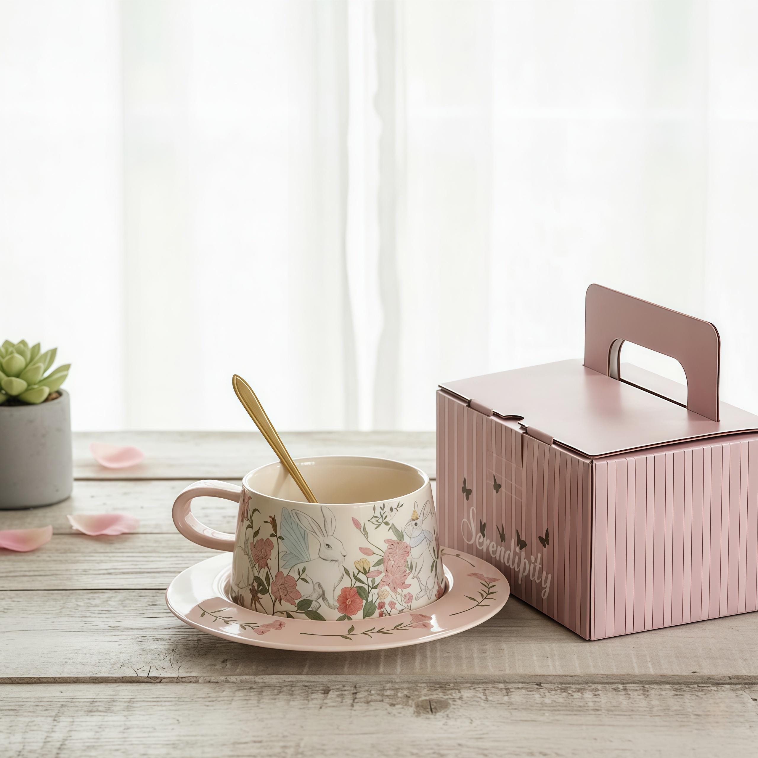 Vintage Rabbit Cup & Saucer Set | Cottagecore Floral Ceramic Coffee Cup