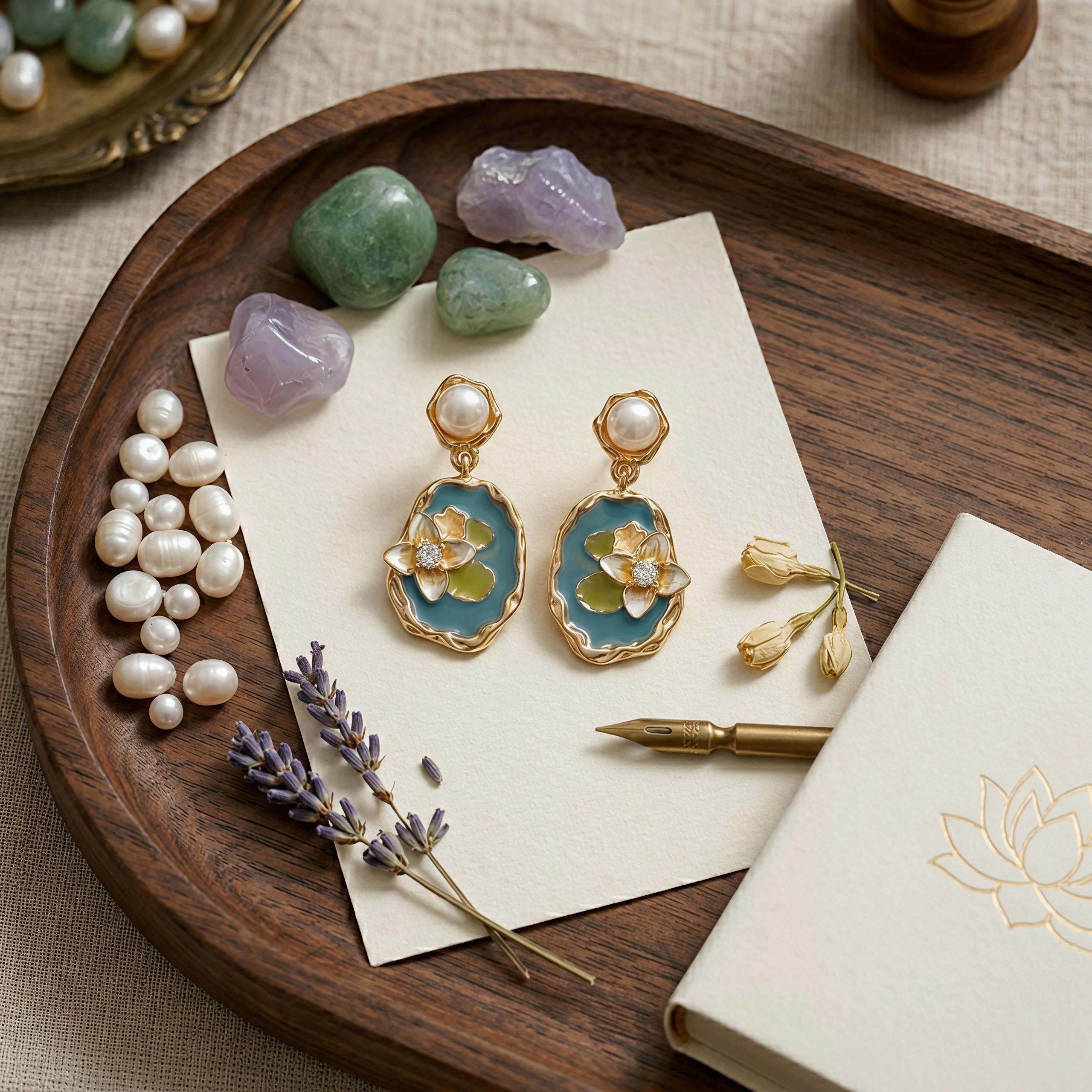 Monet Lotus Earrings – Enamel Floral Art Jewelry with Freshwater Pearl