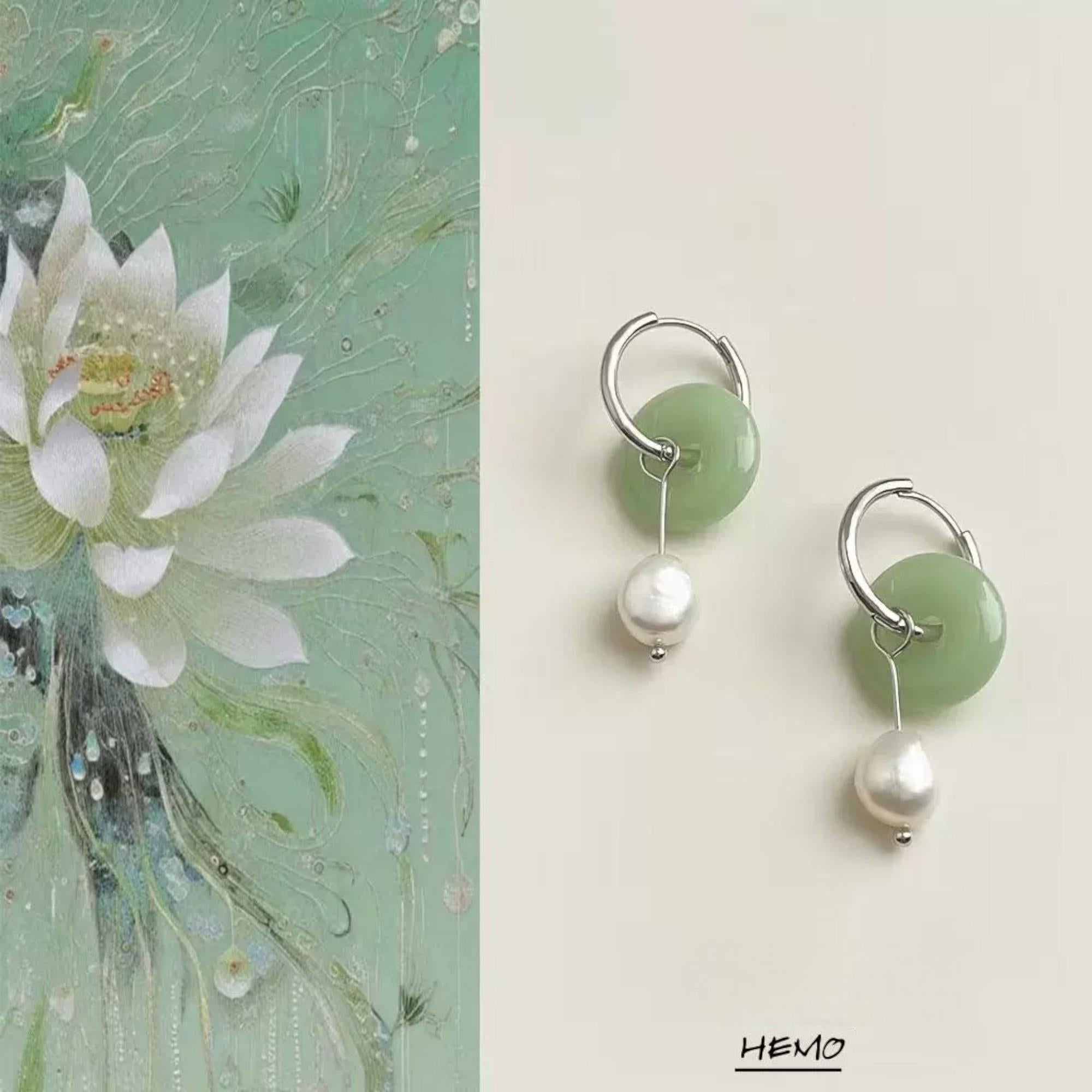 Lotus Mist Earrings – Handmade Green Glass & Freshwater Pearl Hoop Earrings
