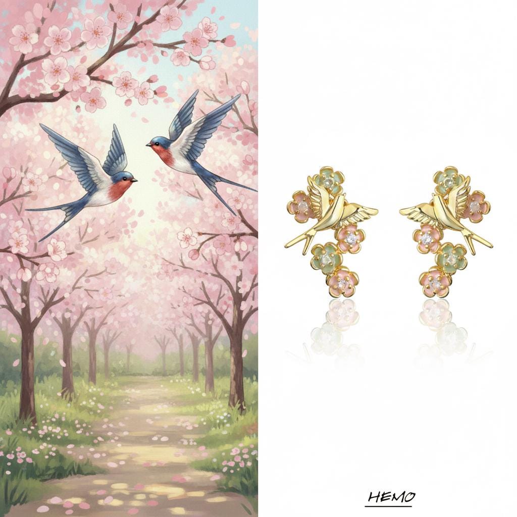 Gold Swallow Earrings – Enamel Cherry Blossom & Zircon Bird Earrings