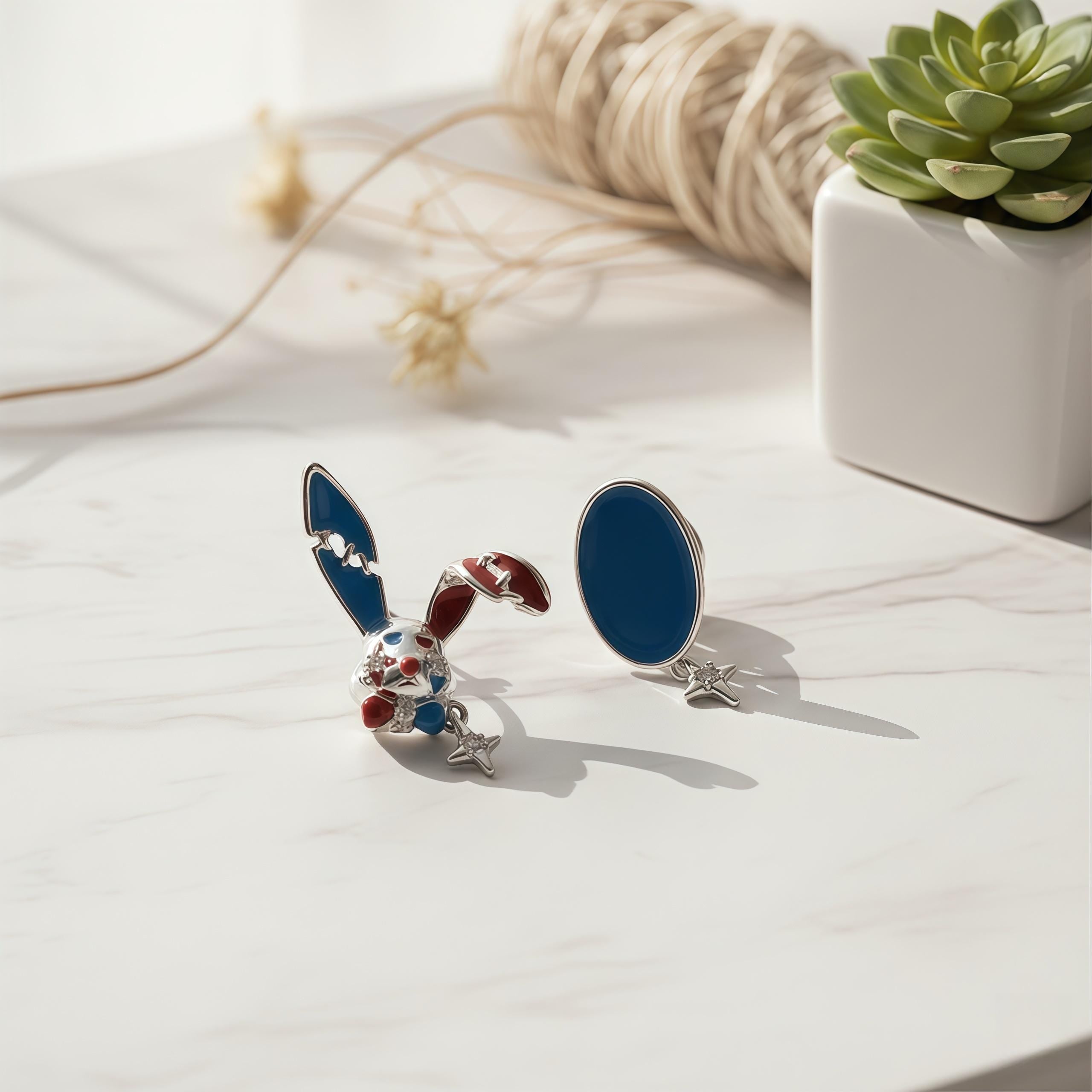 Mad Hatter Wonderland Earrings | Asymmetrical Red & Blue Enamel Studs | Rabbit and Hat Design