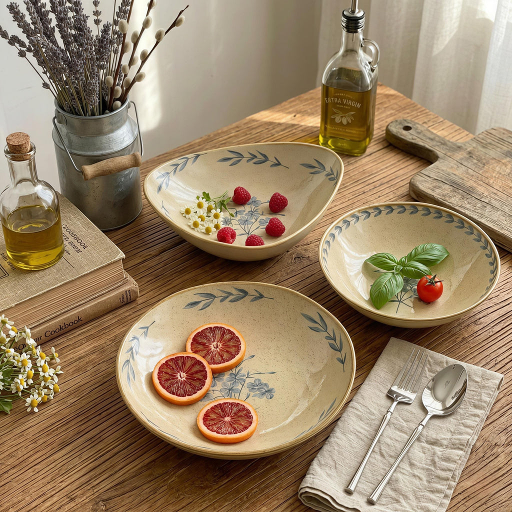 Rustic Ceramic Bowl Set | Vintage Farmhouse Dinnerware | Blue Floral Serving Bowl