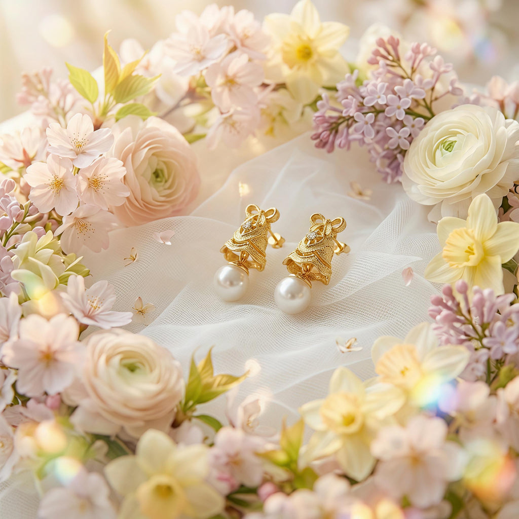 Vintage Gold Pearl Drop Earrings – CZ Ribbon Bell Earrings