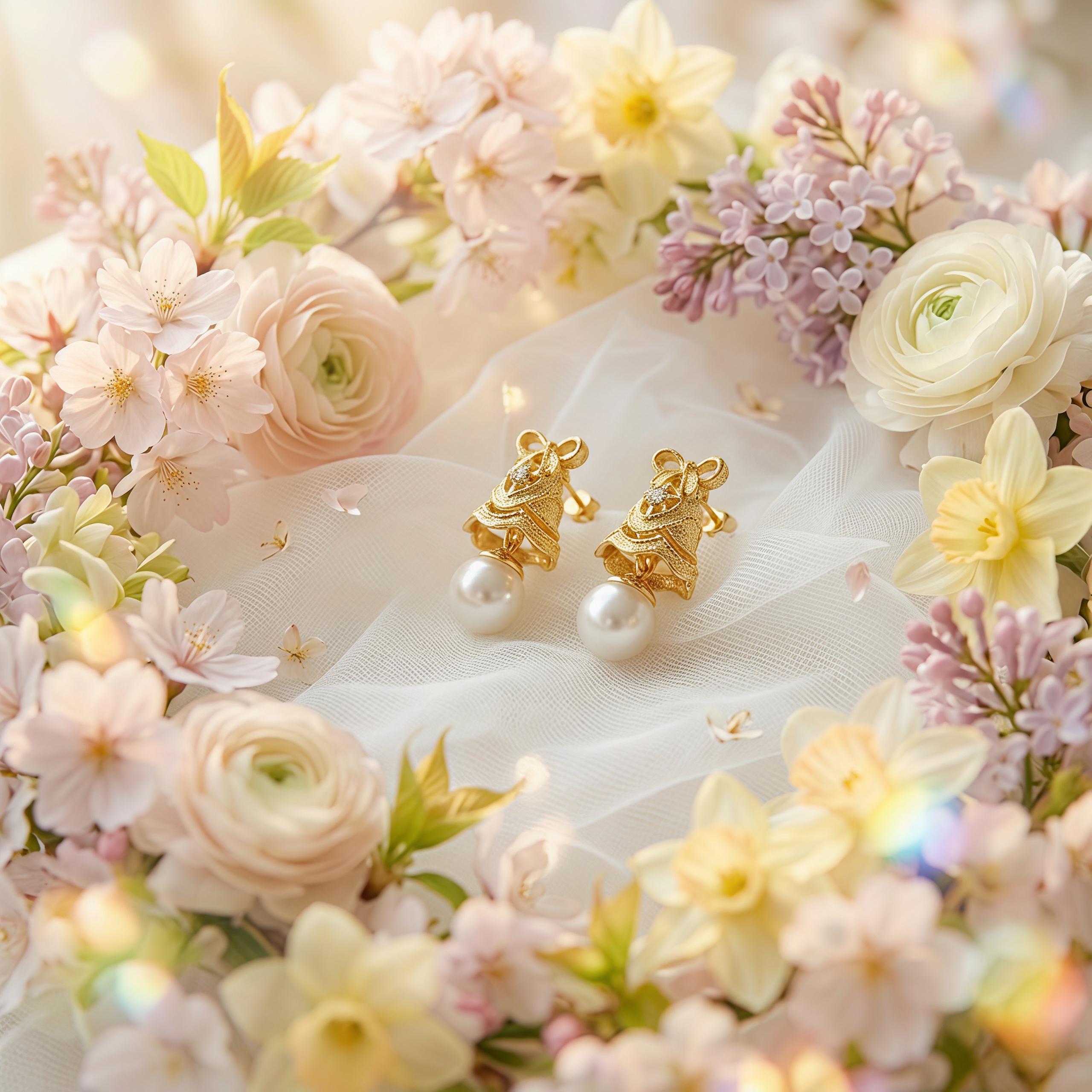 Vintage Gold Pearl Drop Earrings – CZ Ribbon Bell Earrings