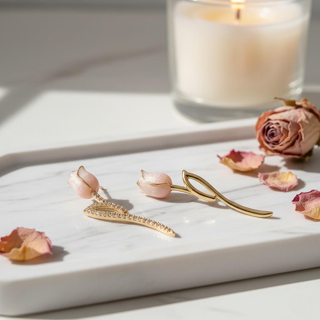 Gold Plated Pink Tulip Earrings – Asymmetrical Spring Flower Earrings