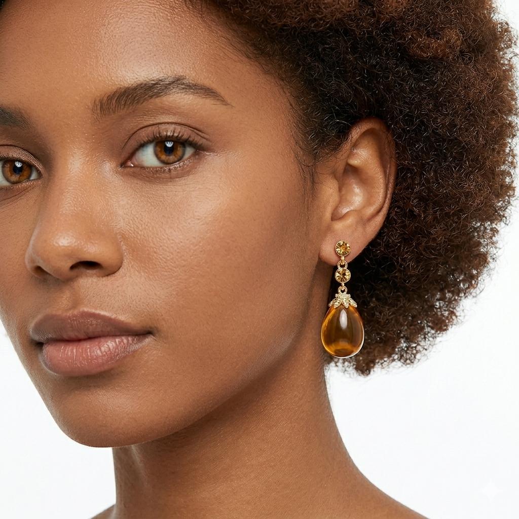 Amber Teardrop Earrings – Vintage Gold Shell & Long Drop Earrings – Elegant Statement Jewelry