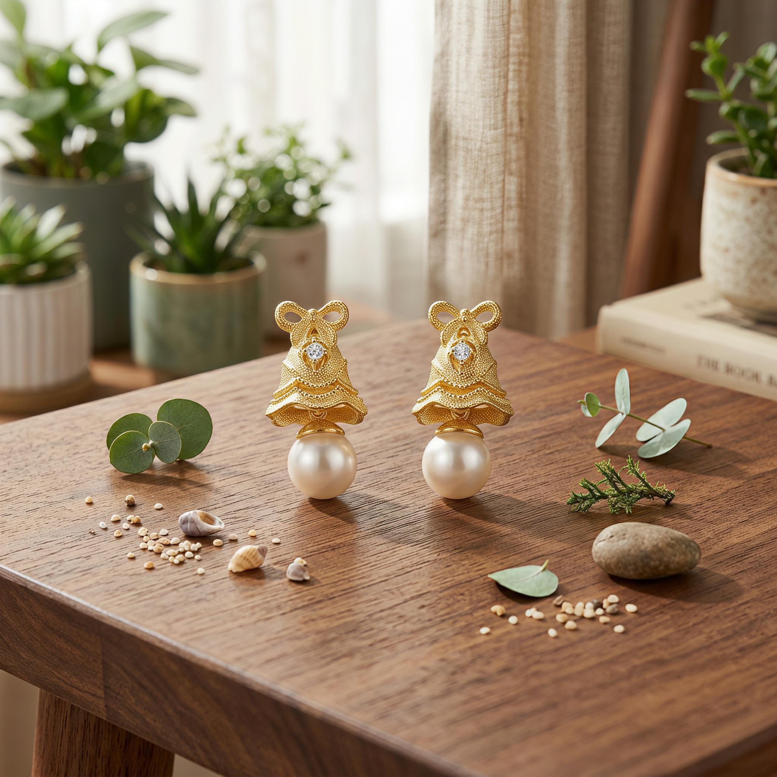 Vintage Gold Pearl Drop Earrings – CZ Ribbon Bell Earrings