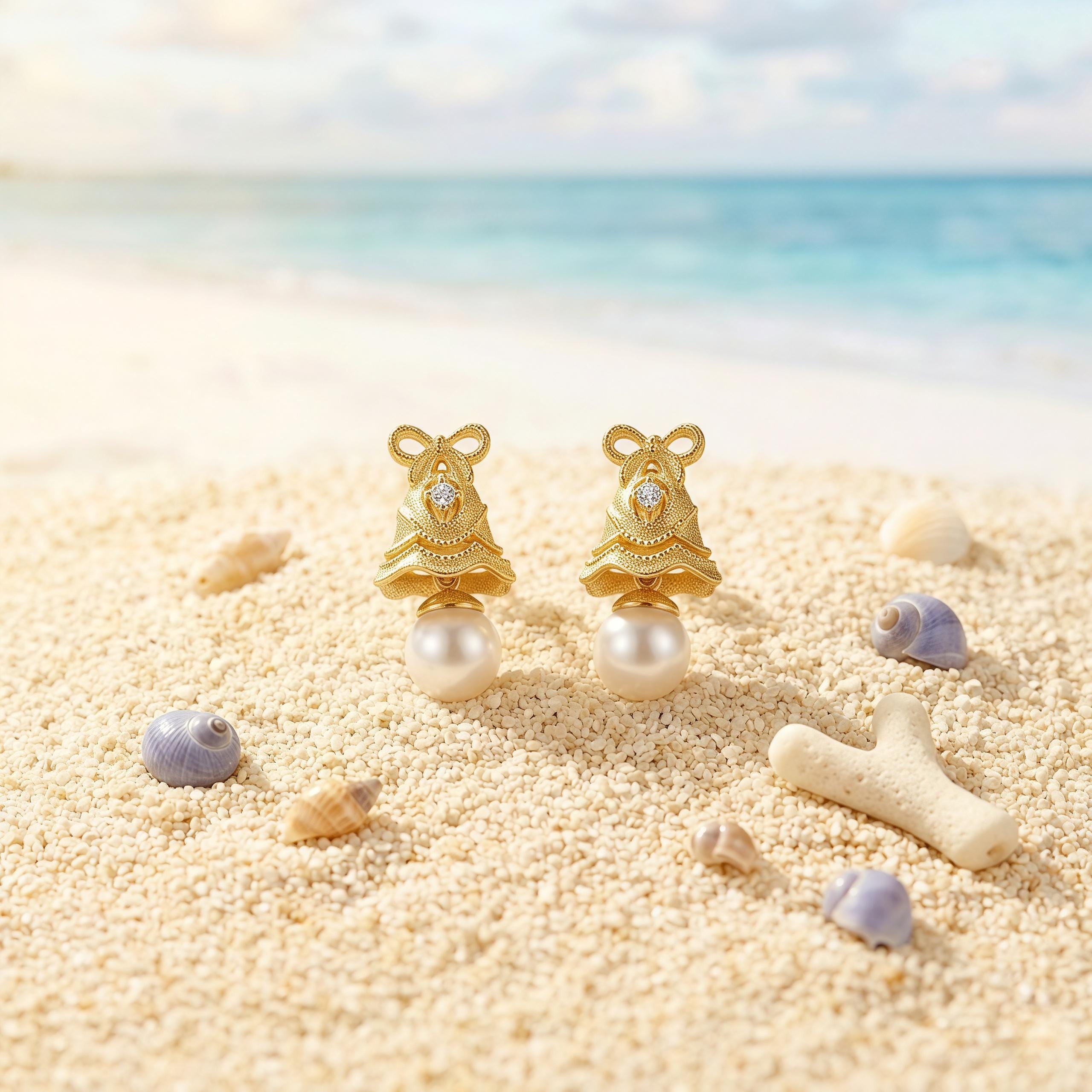 Vintage Gold Pearl Drop Earrings – CZ Ribbon Bell Earrings