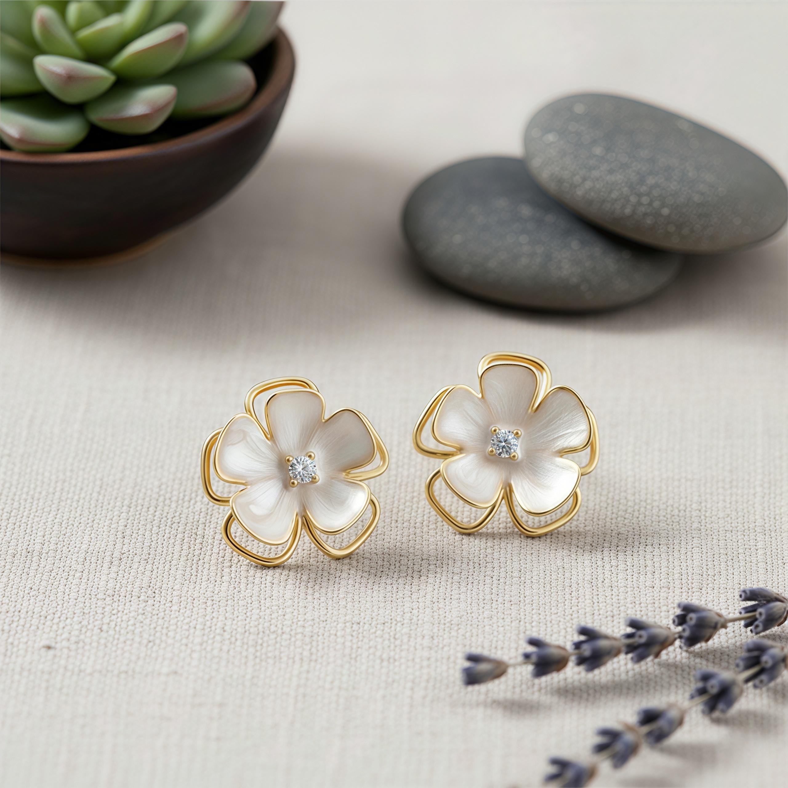 Elegant White Enamel Camellia Earrings – 18K Gold Plated Floral Studs with CZ