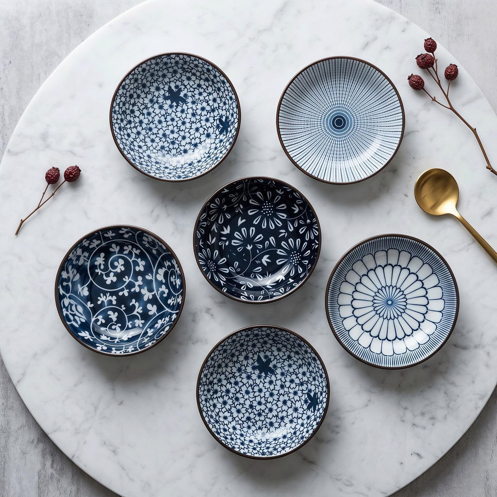 Blue & White Japanese Sauce Dishes Set of 6 | 4.1" Ceramic Dipping Bowl | Floral Pattern Dish
