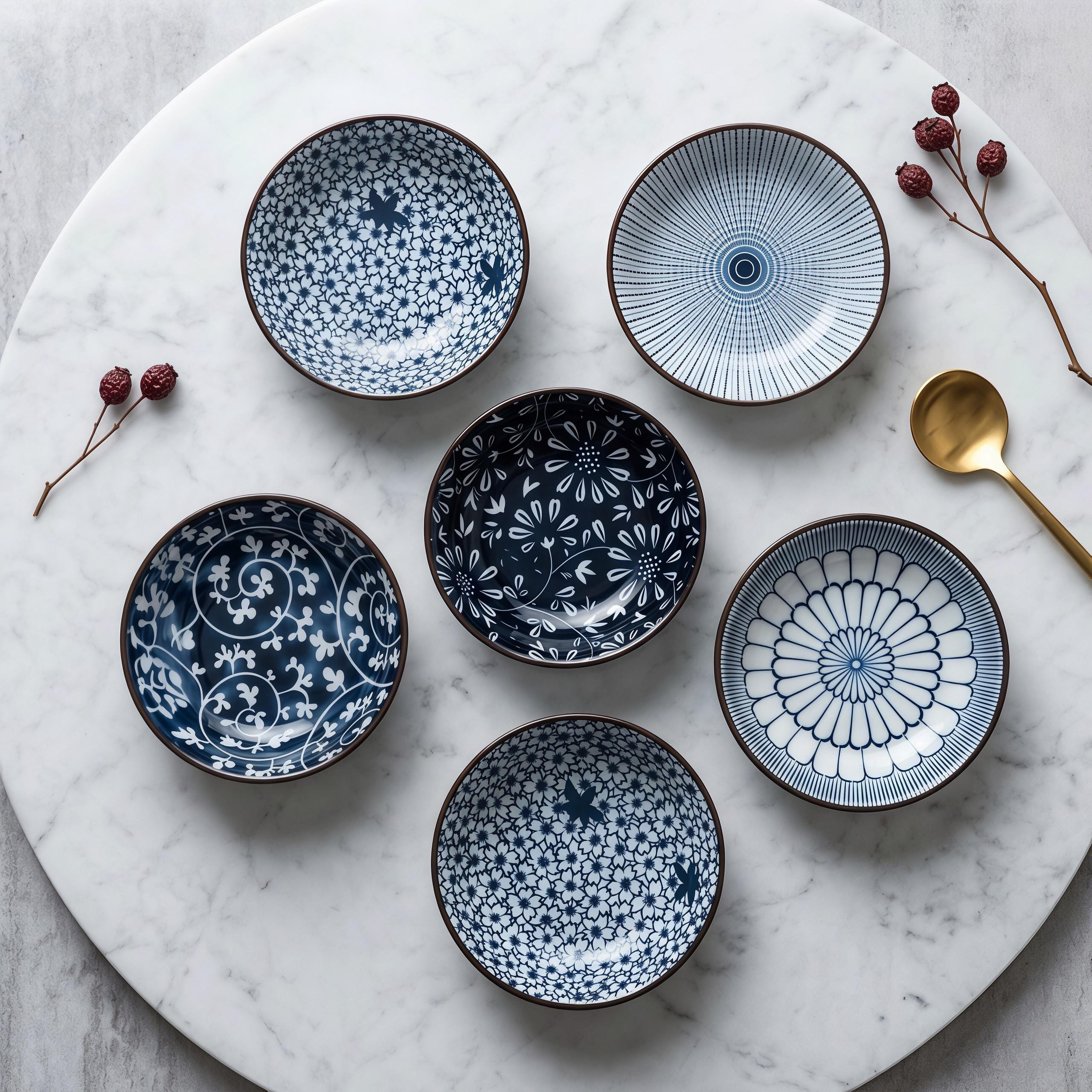 Blue & White Japanese Sauce Dishes Set of 6 | 4.1" Ceramic Dipping Bowl | Floral Pattern Dish