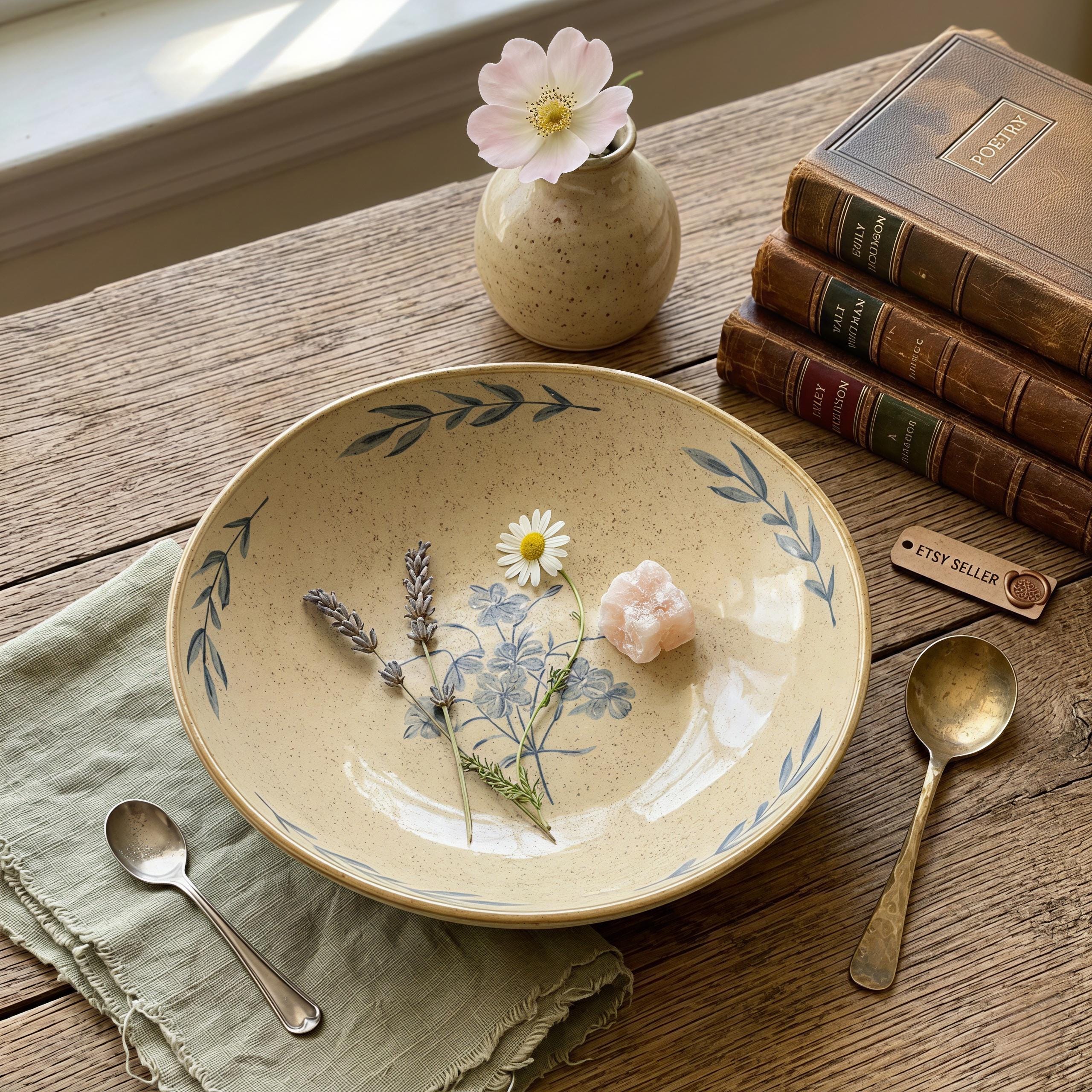 Rustic Ceramic Bowl Set | Vintage Farmhouse Dinnerware | Blue Floral Serving Bowl