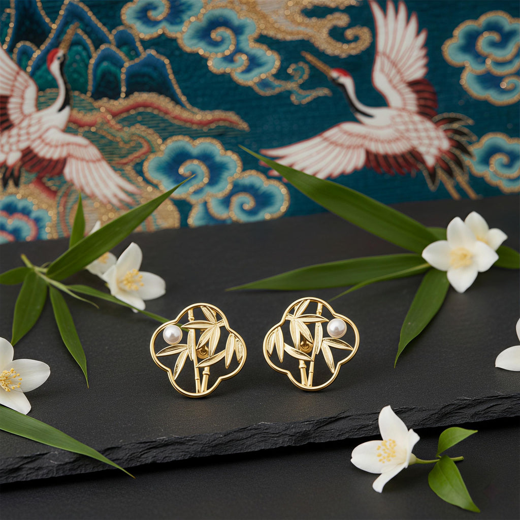 Oriental Bamboo Leaf Earrings – 18K Gold Plated Pearl Stud Earrings