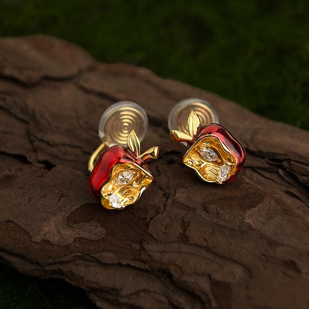 Forbidden Apple Earrings – Red Enamel Apple Stud Earrings with Zircon