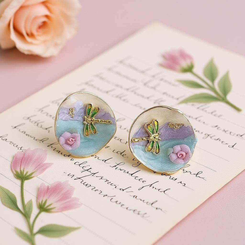 Monet Dragonfly Enamel Earrings – Impressionist Dragonfly & Ceramic Rose Earrings