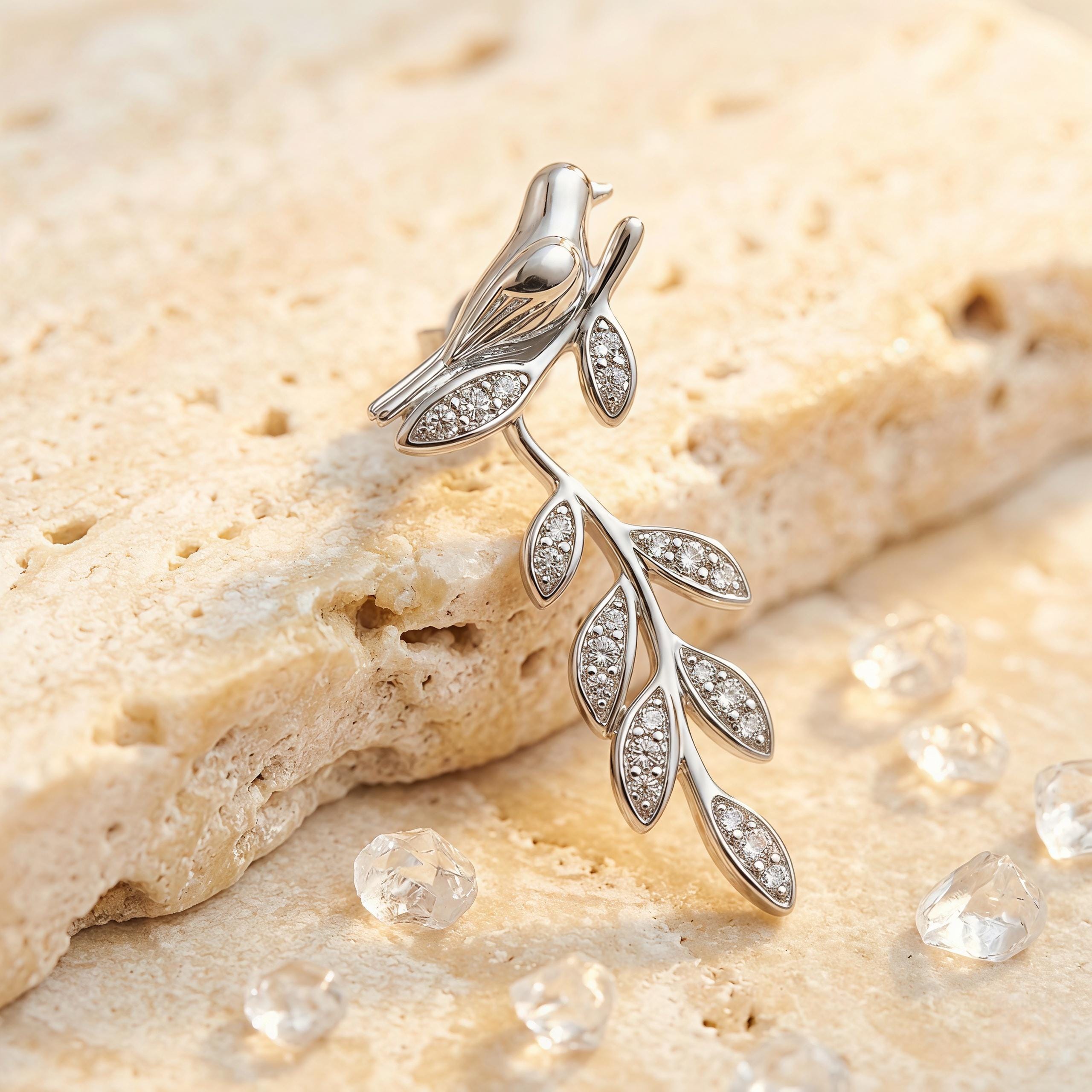 Silver Bird Branch Dangle Earrings – CZ Leaf Drop Earrings