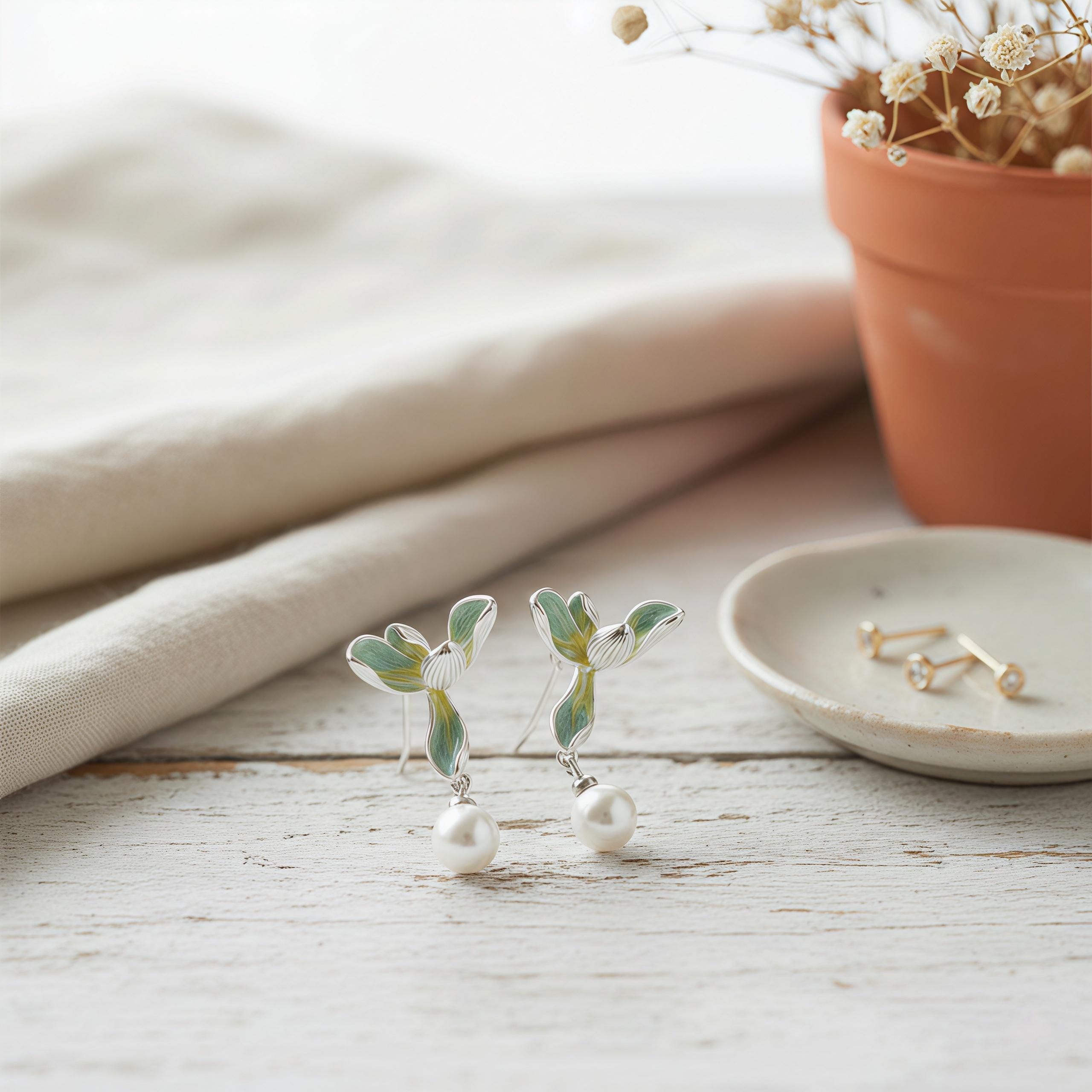 Gradient Green Orchid Dangle Earrings – Enamel Flower Earrings with Pearl Drops
