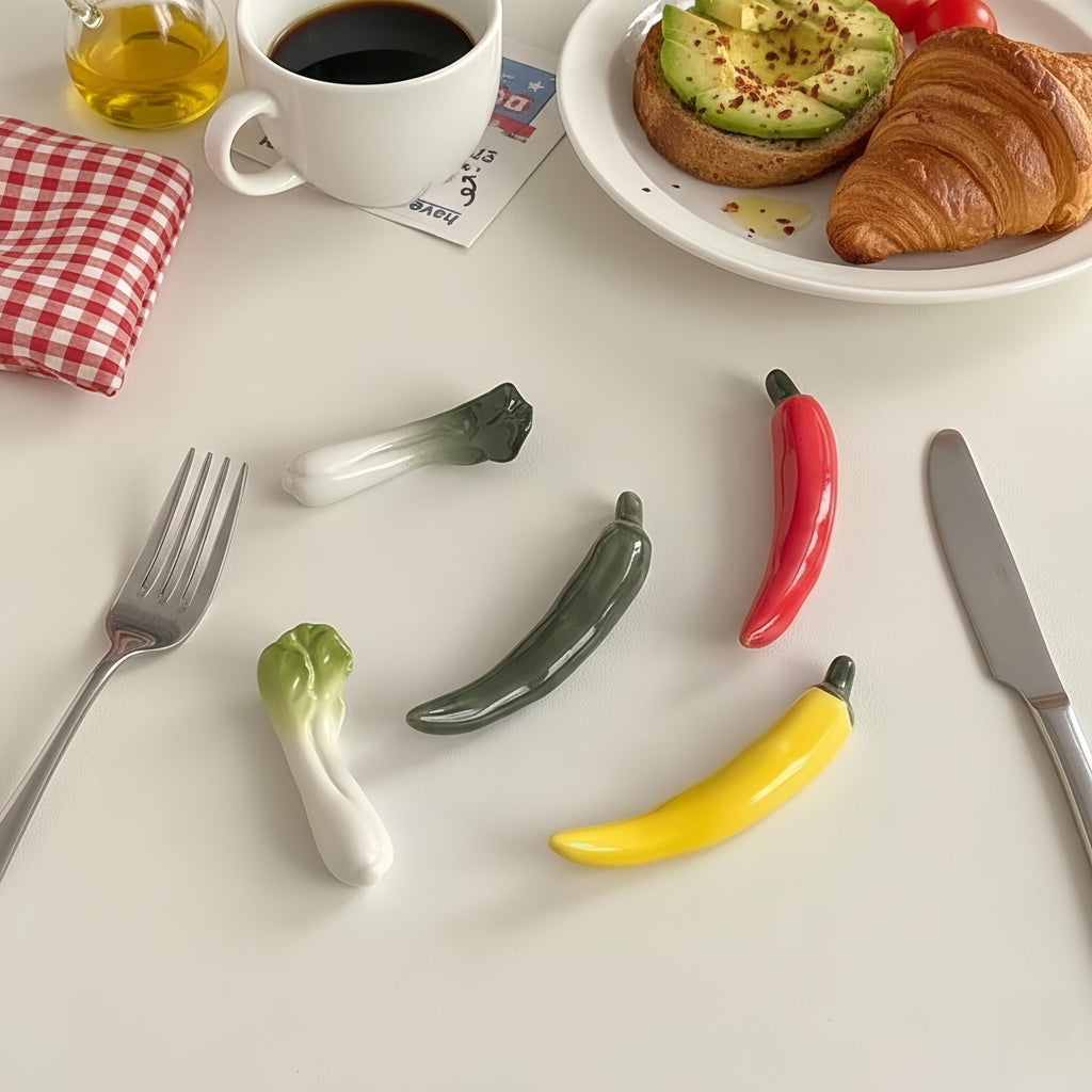 Kawaii Vegetable Ceramic Chopstick Rest | Chili & Bok Choy Spoon Holder