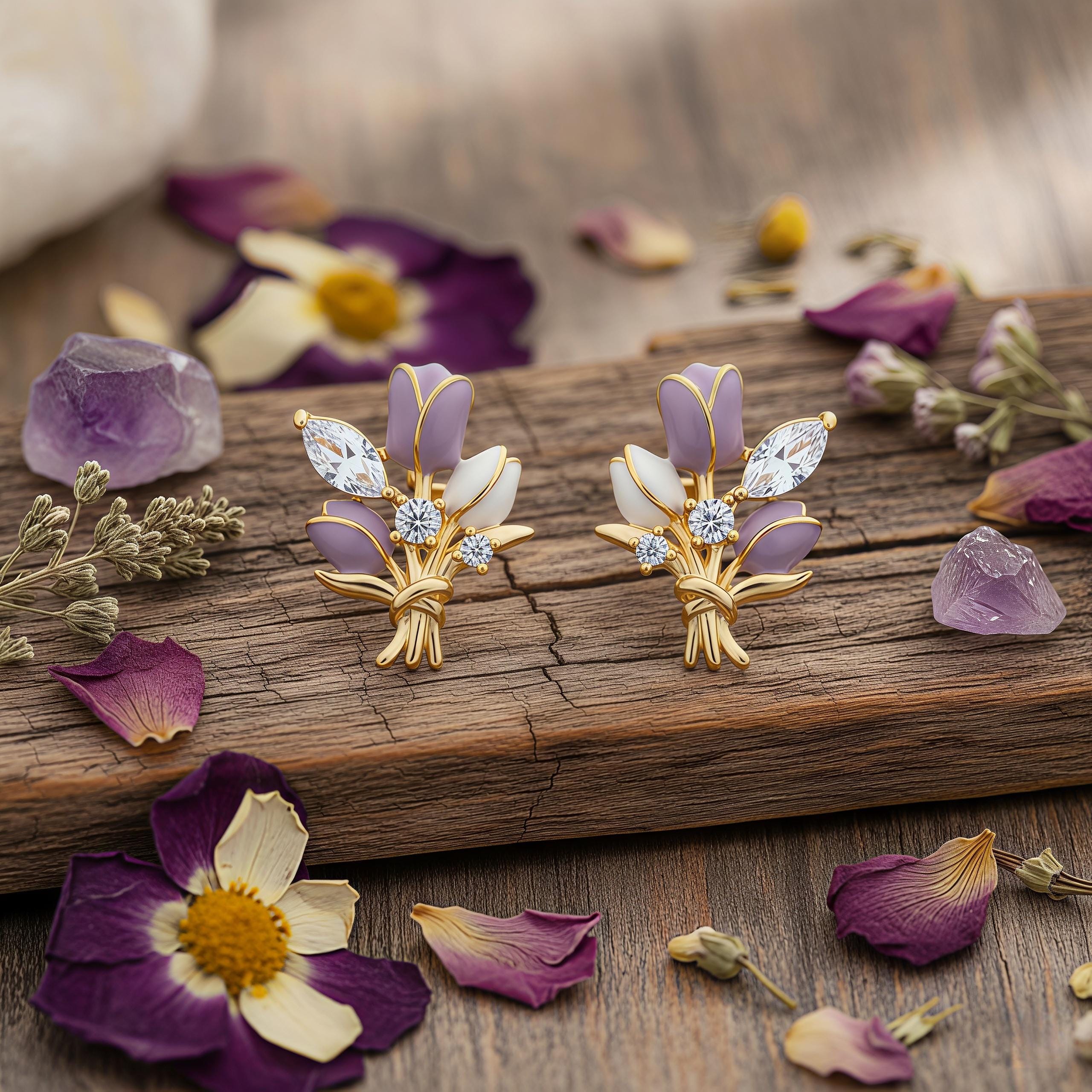 Purple Tulip Bouquet Stud Earrings – Enamel Flower & Zirconia, 18K Gold Plated Floral Jewelry