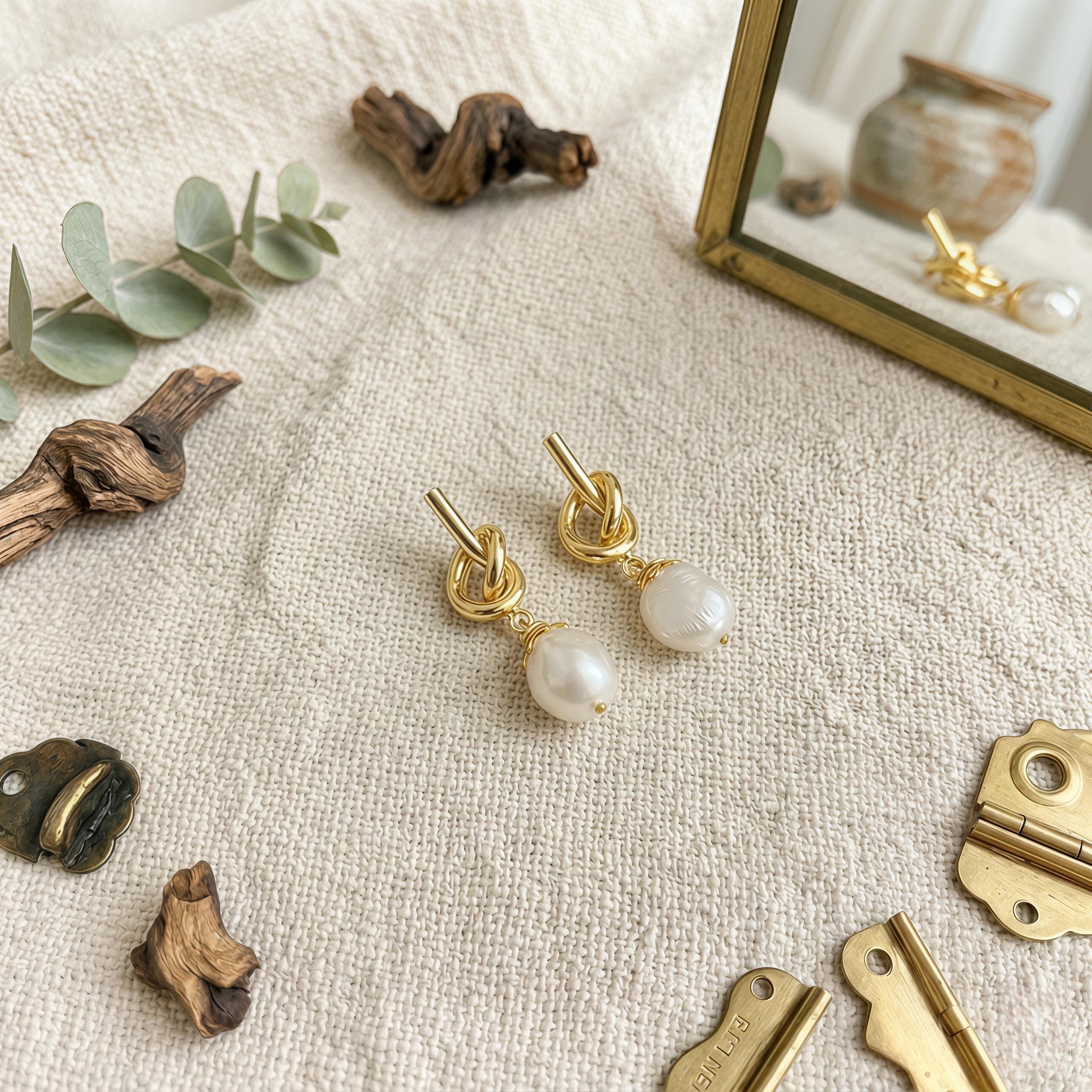 Minimalist Pearl Drop Earrings – Gold Knot Studs with Freshwater Pearl