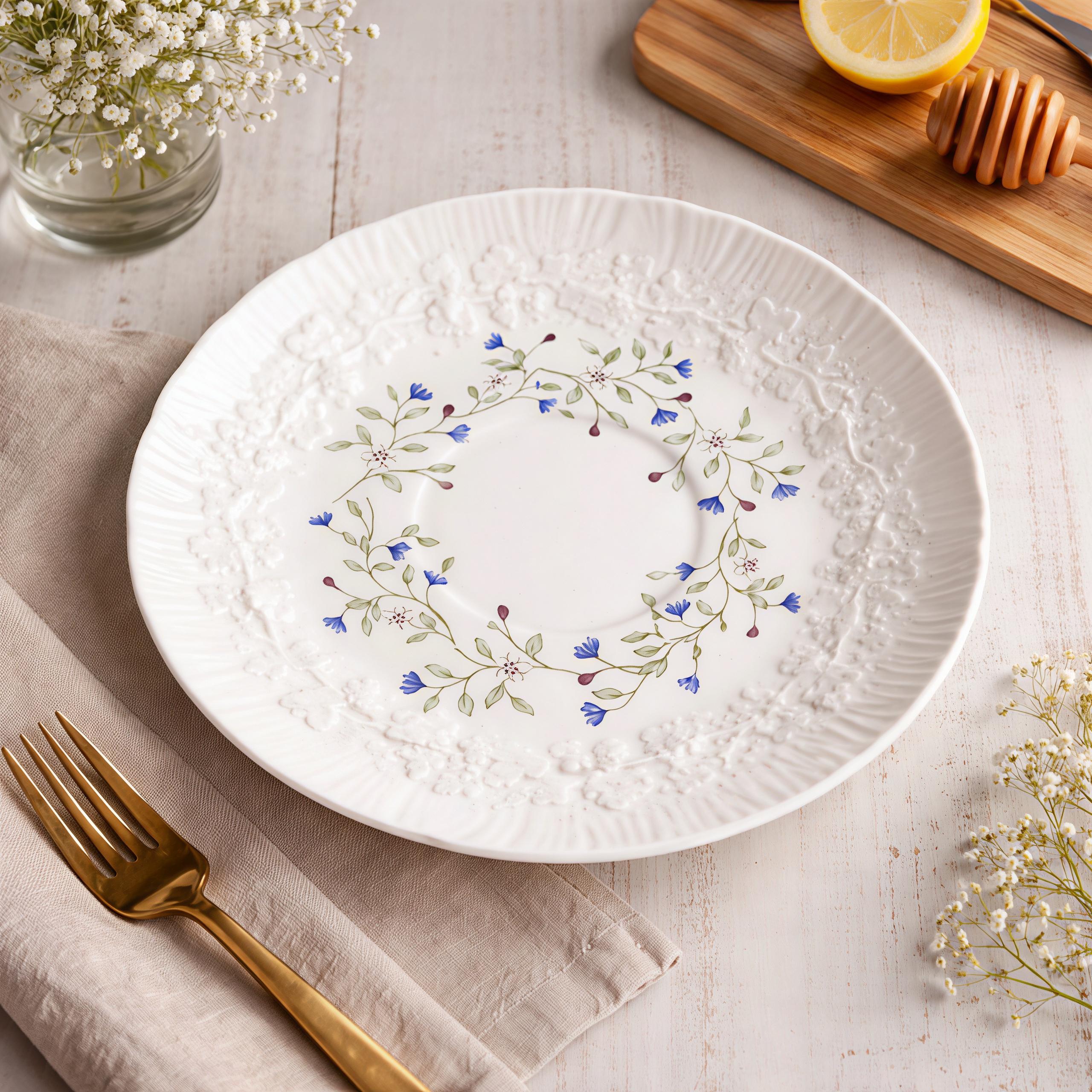 Floral Embossed Ceramic Dessert Plate | Vintage French Style Snack Dish