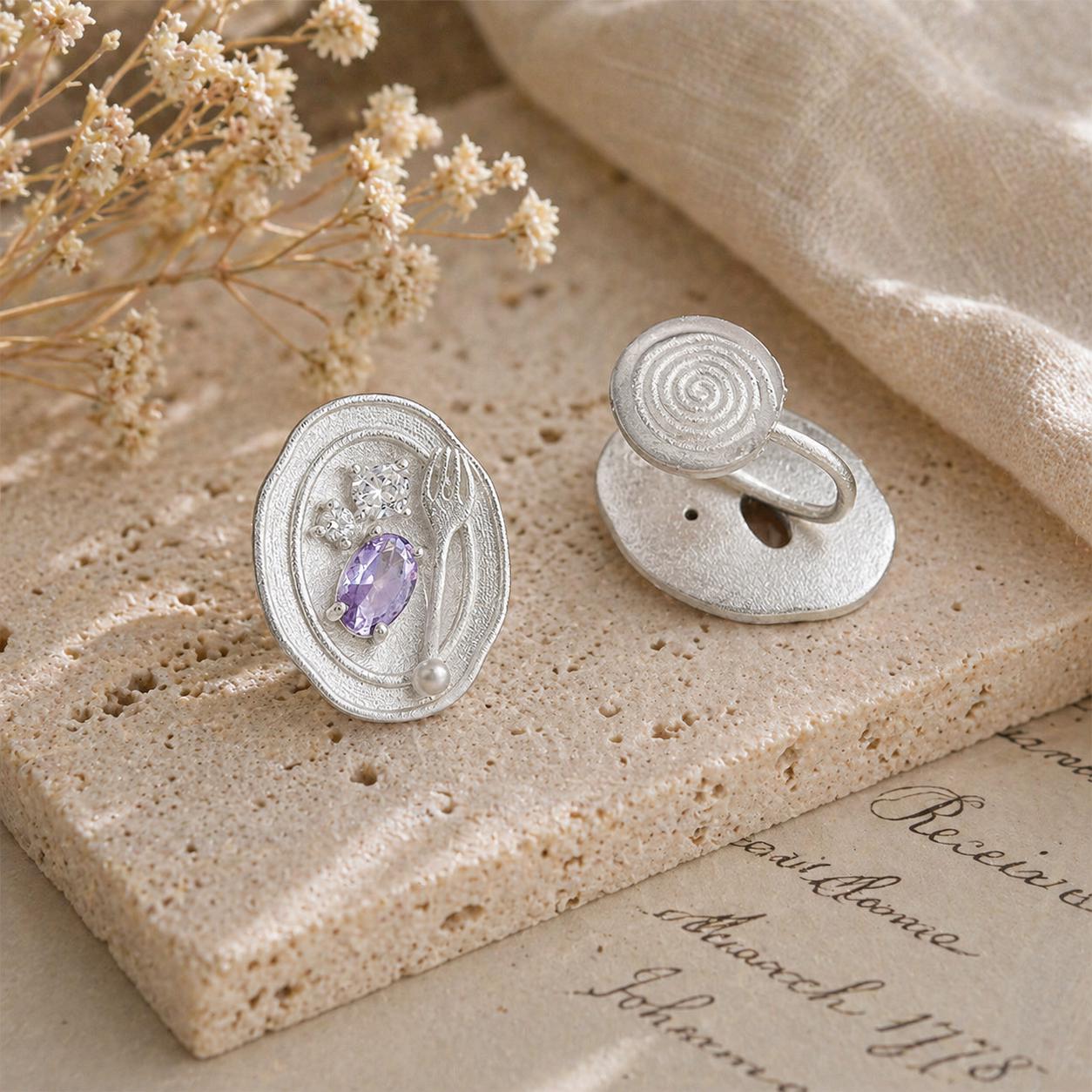 Silver Fork Earrings – Purple Gemstone & Pearl Utensil Stud Earrings