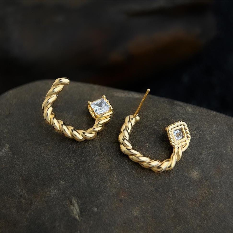 Gold Twisted Huggie Earrings – Minimalist CZ Hoop Earrings